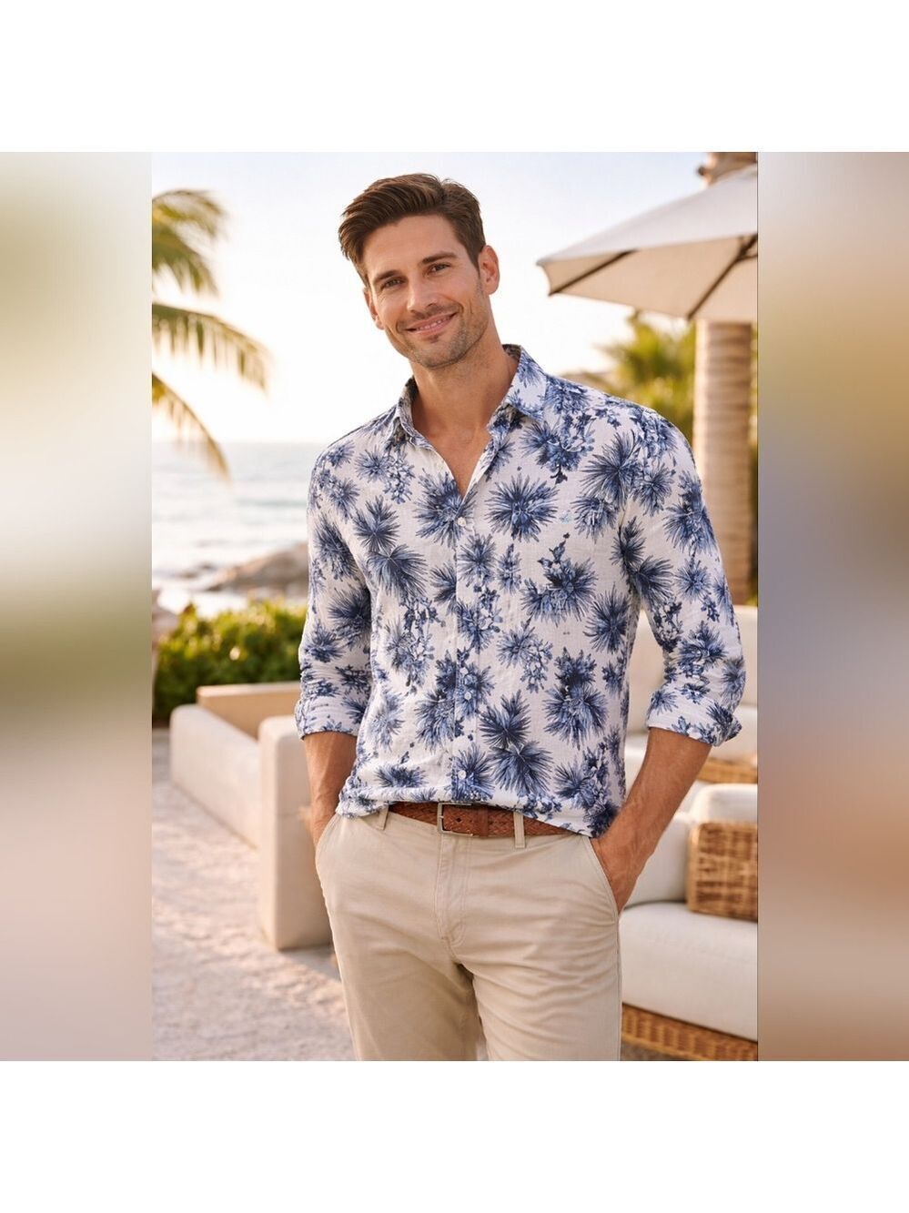 Ted Lapidus Linen Blend Floral Button-Up Shirt Size L (EU 43/45) Blue Whit